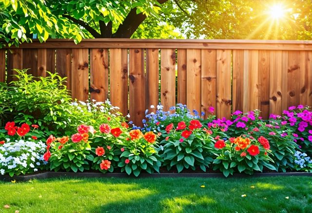 A serene backyard scene featuring a freshly stained wood fence, half in oil-based stain and half in water-based stain, surrounded by lush greenery and colorful flowers, with sunlight filtering through the leaves