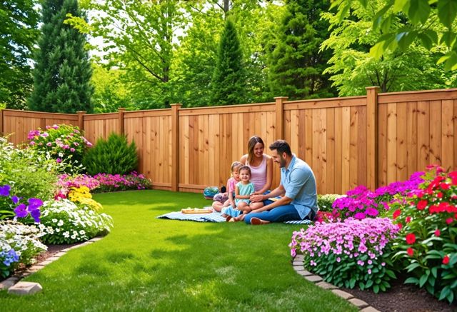 A serene backyard scene featuring a wooden fence made of pressure-treated wood, surrounded by lush greenery and colorful flowers, with a smiling family enjoying a picnic in the background.