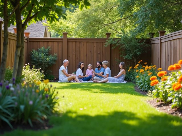 A serene backyard with various fence heights, surrounded by lush greenery and colorful flowers, with a smiling family enjoying a picnic in the background