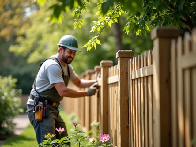 A wooden fence being installed in a sunny garden with trees and flowers, a gentle breeze rustling the leaves, and a smiling worker adjusting the fence posts