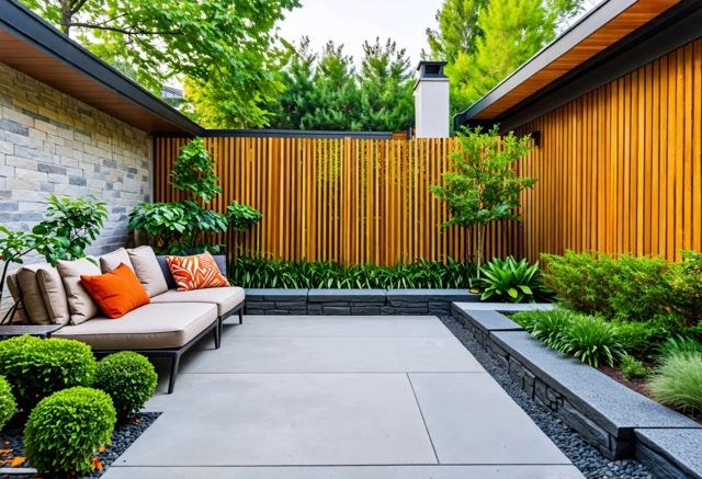 Beautifully landscaped backyard with a stylish, modern fence, lush greenery, and a cozy outdoor seating area