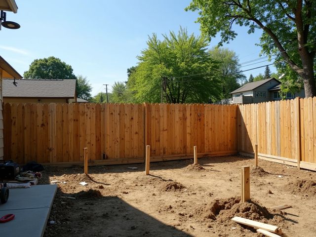 A serene backyard with a freshly installed wooden fence, surrounded by green grass and blooming flowers, with a smiling couple discussing the installation process in the background