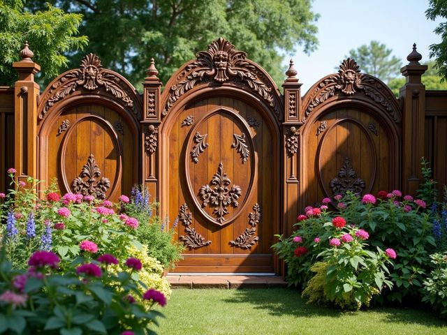 Intricately carved wooden fence panels adorned with vibrant flowers and greenery, showcasing artistic designs and textures in a sunny garden setting