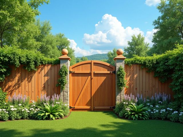 Beautiful wooden fences in various designs surrounded by lush greenery, with a clear blue sky above