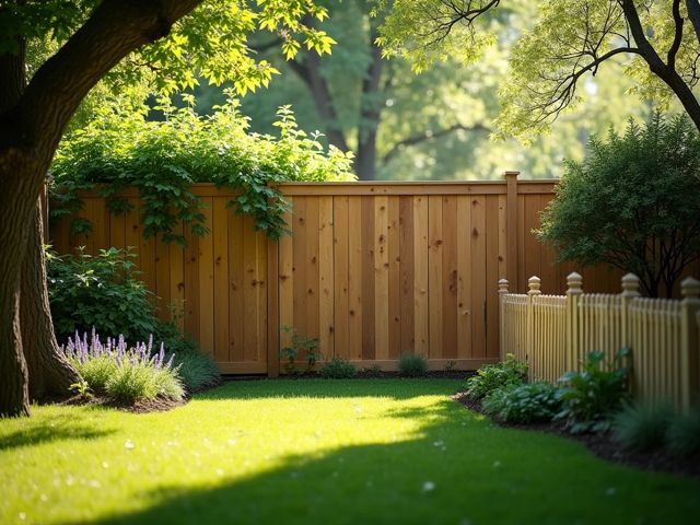 A serene backyard scene featuring a tall privacy wood fence surrounded by lush greenery, contrasted with a charming picket fence in the foreground, sunlight filtering through the leaves, creating a warm and inviting atmosphere