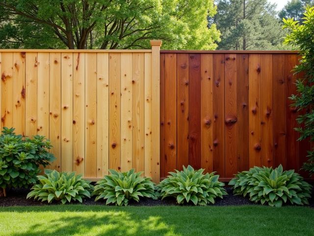 A beautiful wooden fence made of cedar and redwood, showcasing the rich colors and textures of the wood, surrounded by a lush green garden with flowers blooming under a clear blue sky.