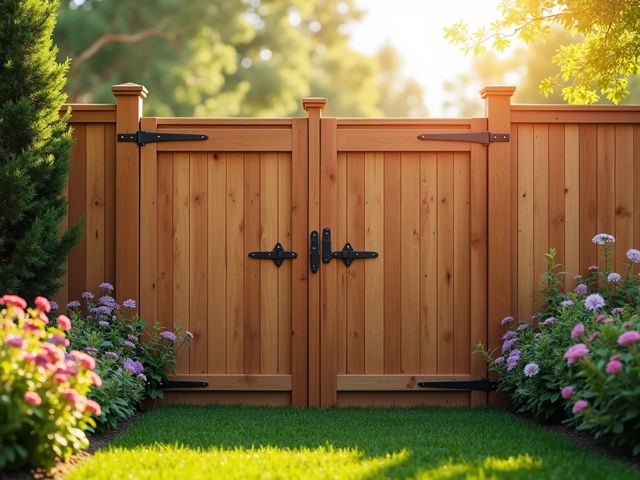 Stylish wood fence with modern accessories like decorative caps and hinges, surrounded by vibrant greenery and flowers, sun shining brightly