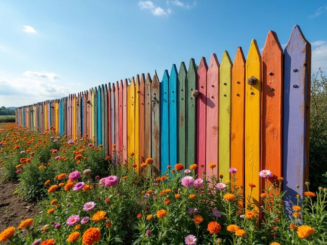 Colorful art installations made from old wooden fences, surrounded by vibrant flowers and greenery, with a sunny sky in the background