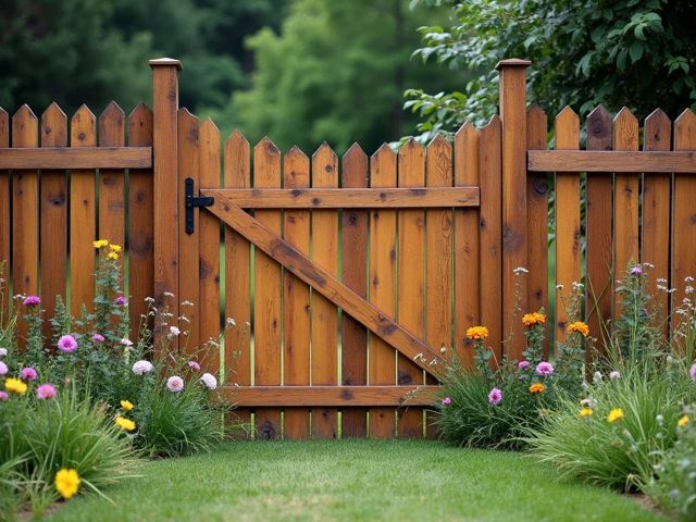 A beautiful wood fence in a rustic setting, showcasing a blend of traditional and modern designs, surrounded by vibrant greenery and wildflowers.