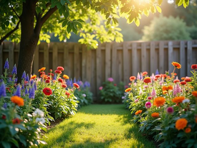 A beautiful garden with a wooden fence, colorful flowers blooming, and sunlight filtering through the leaves, creating a serene and inviting atmosphere