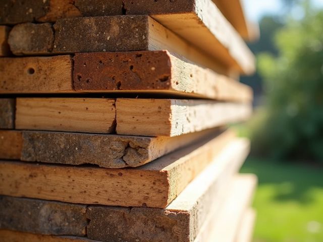 A close-up of various types of wood planks stacked neatly, showcasing different grains and colors, with a sunny outdoor backdrop and soft greenery in the background